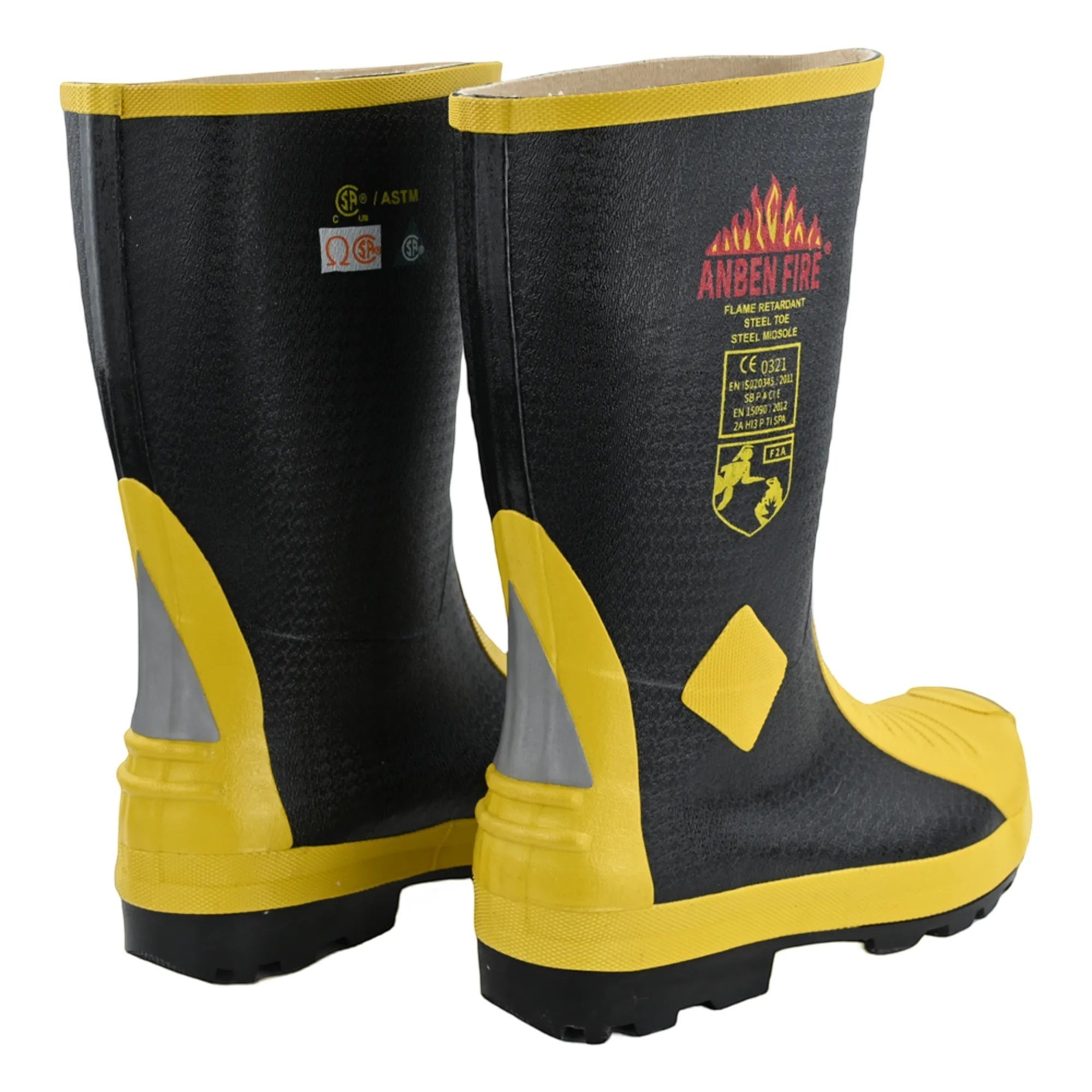 Botas de bombero GERF SAFETY negras y amarillas con punta de acero, suela resistente y detalles reflectantes EN15090