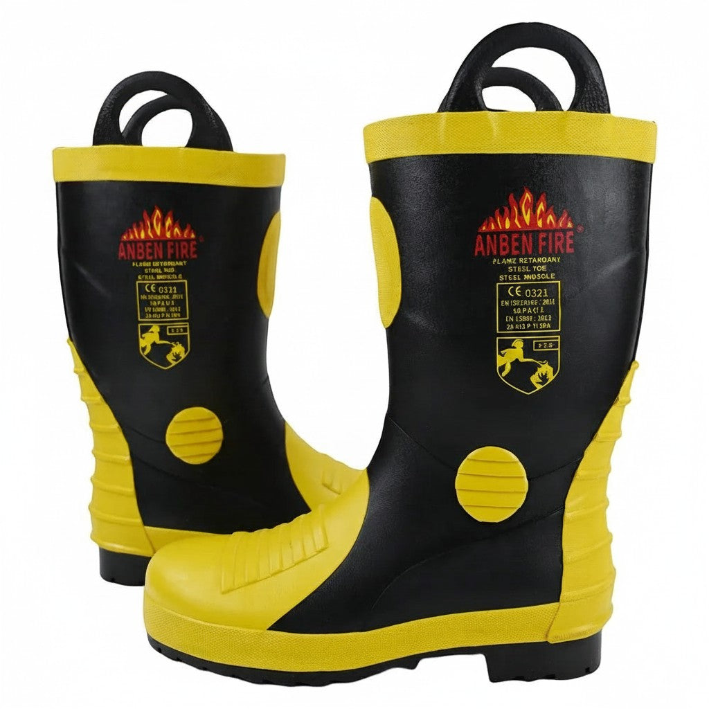 Botas de bombero GERF SAFETY negras y amarillas con punta y suela de acero, certificadas EN15090 y resistentes al fuego.