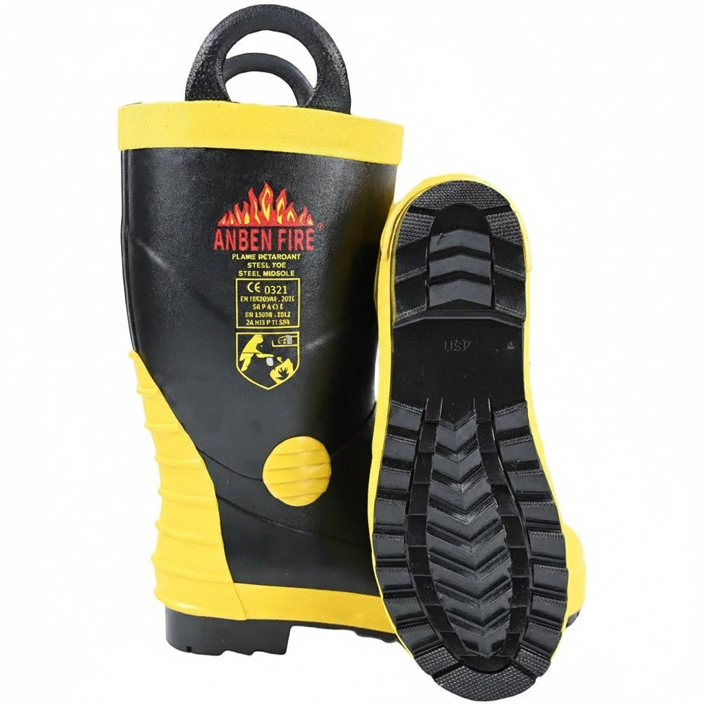 Botas de bombero GERF SAFETY negras y amarillas con punta y suela de acero, certificadas EN15090 y suela antideslizante.