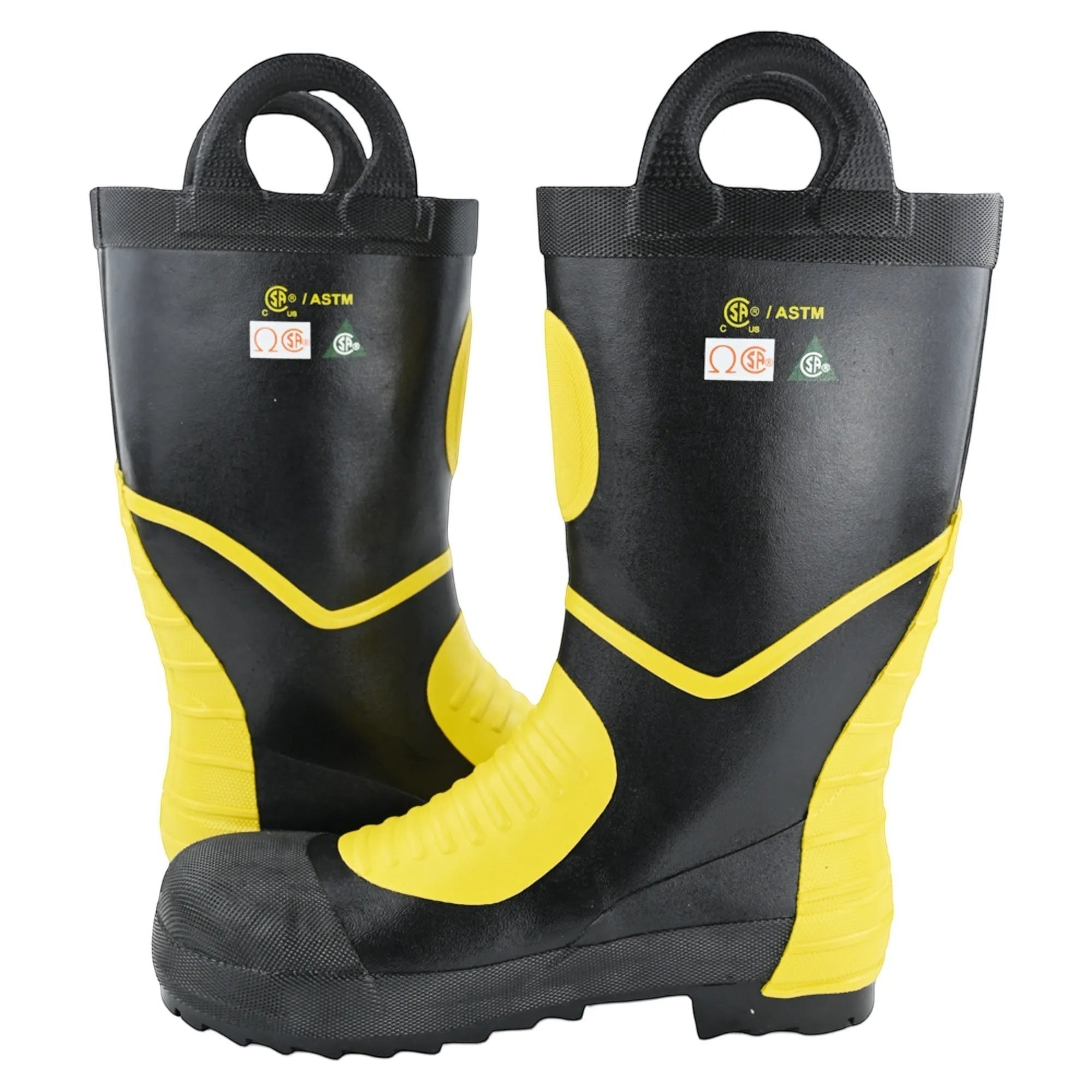Botas de bombero GERF SAFETY negras y amarillas con punta y suela de acero, resistentes al fuego y antideslizantes.