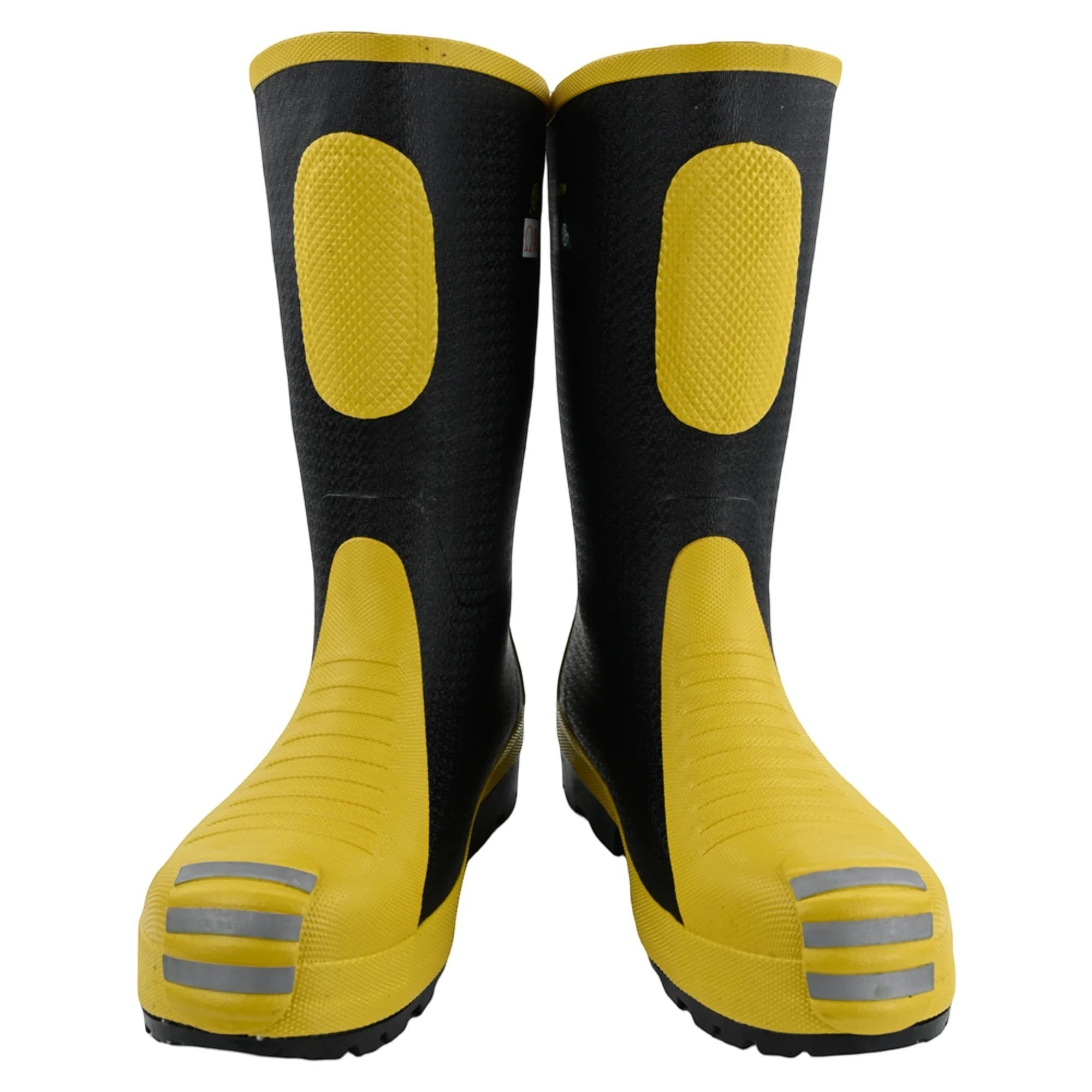 Botas de bombero GERF SAFETY negras y amarillas con punta de acero, suela antideslizante y detalles reflectantes.