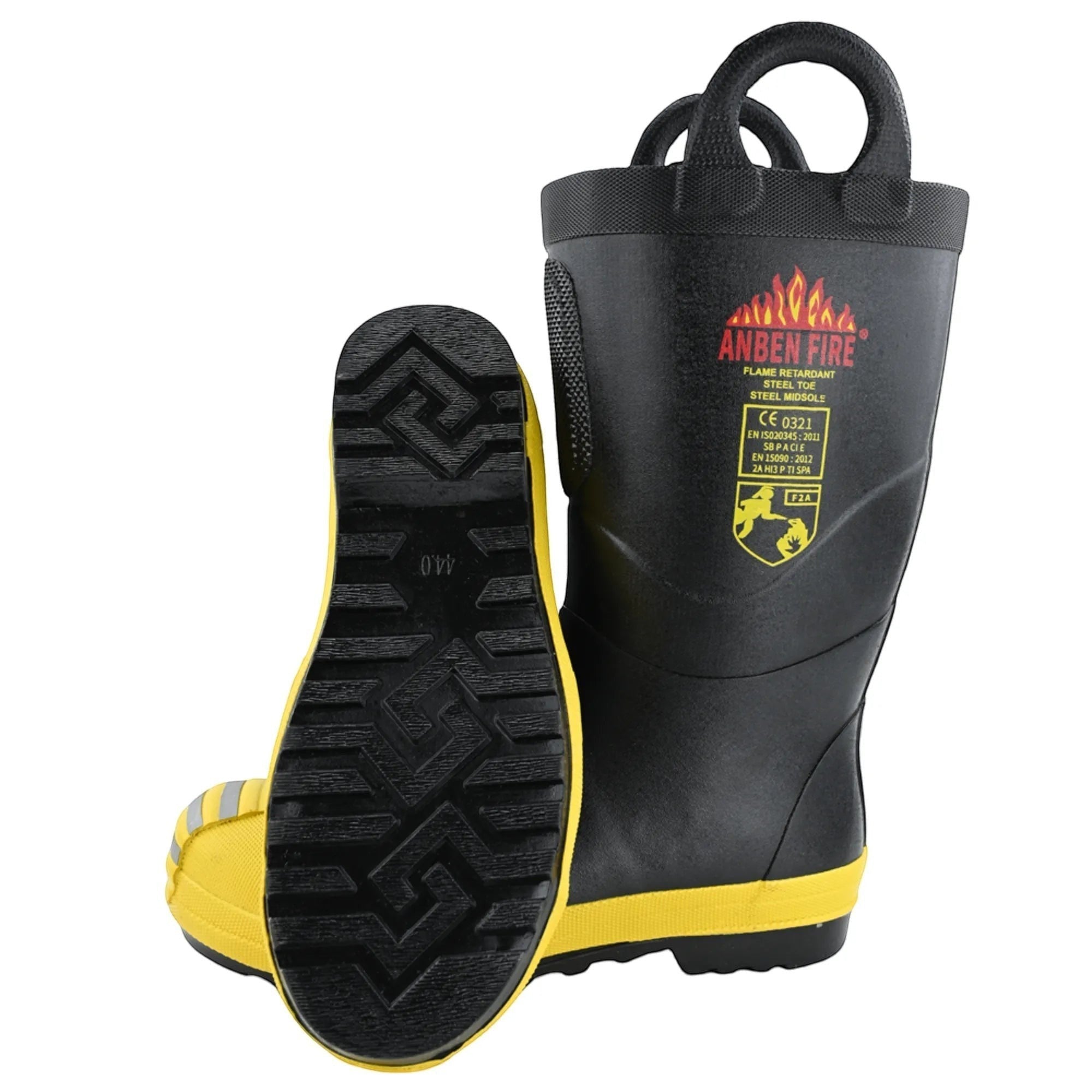 Botas de bombero GERF SAFETY negras y amarillas con suela antideslizante, puntera de acero y certificación EN15090.