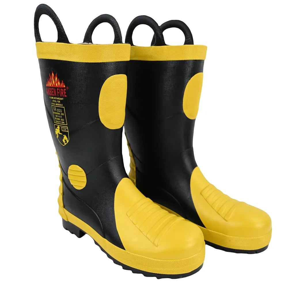 Botas de bombero GERF SAFETY negras y amarillas con punta y suela de acero, resistentes al fuego y antideslizantes.