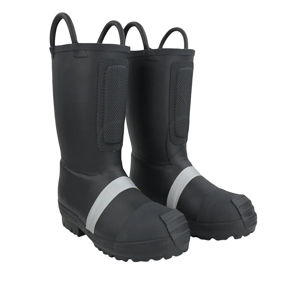 Botas de bombero GERF SAFETY de caucho negro con puntera reforzada, bandas reflectantes y asas de agarre superiores