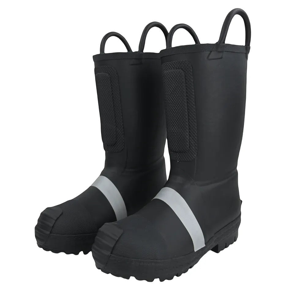Botas de bombero GERF SAFETY de caucho negro con puntera reforzada, banda reflectante y asas para facilitar el calce.