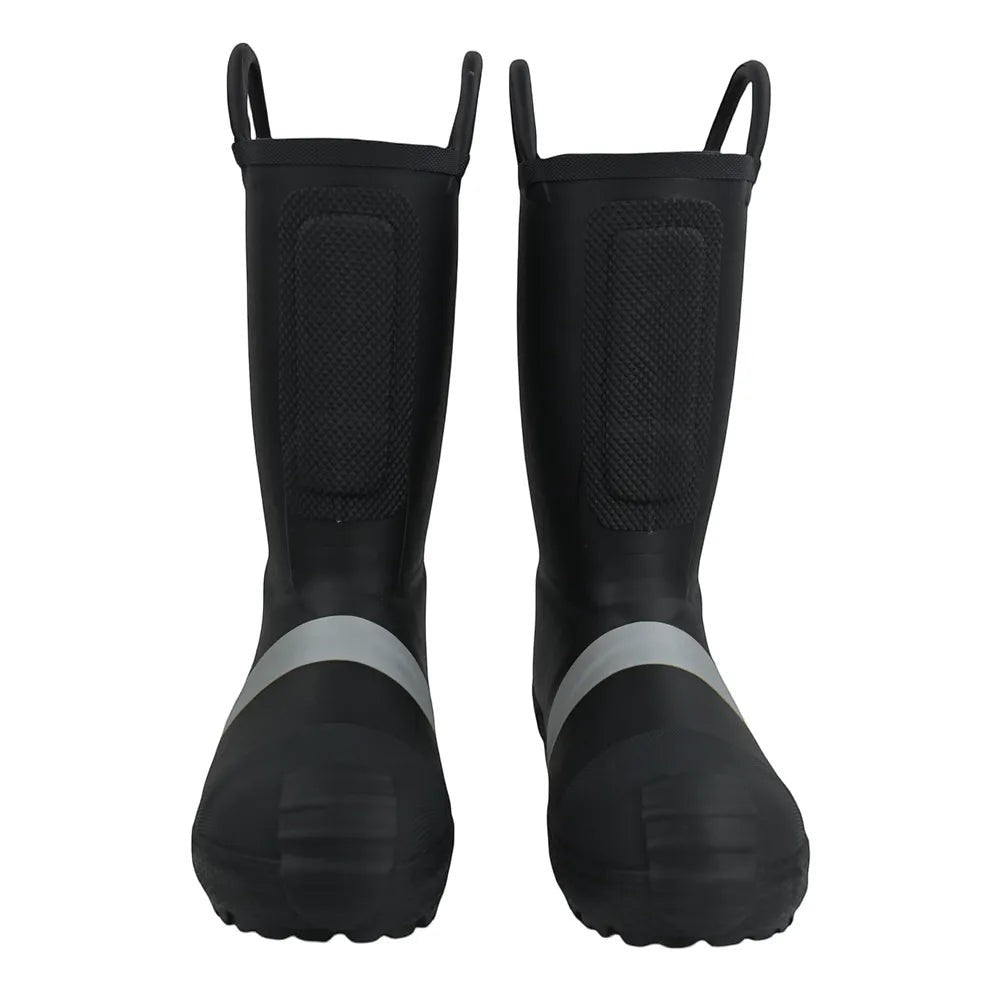 Botas de bombero GERF SAFETY de caucho negro con puntera reforzada, bandas reflectantes y asas de agarre laterales.