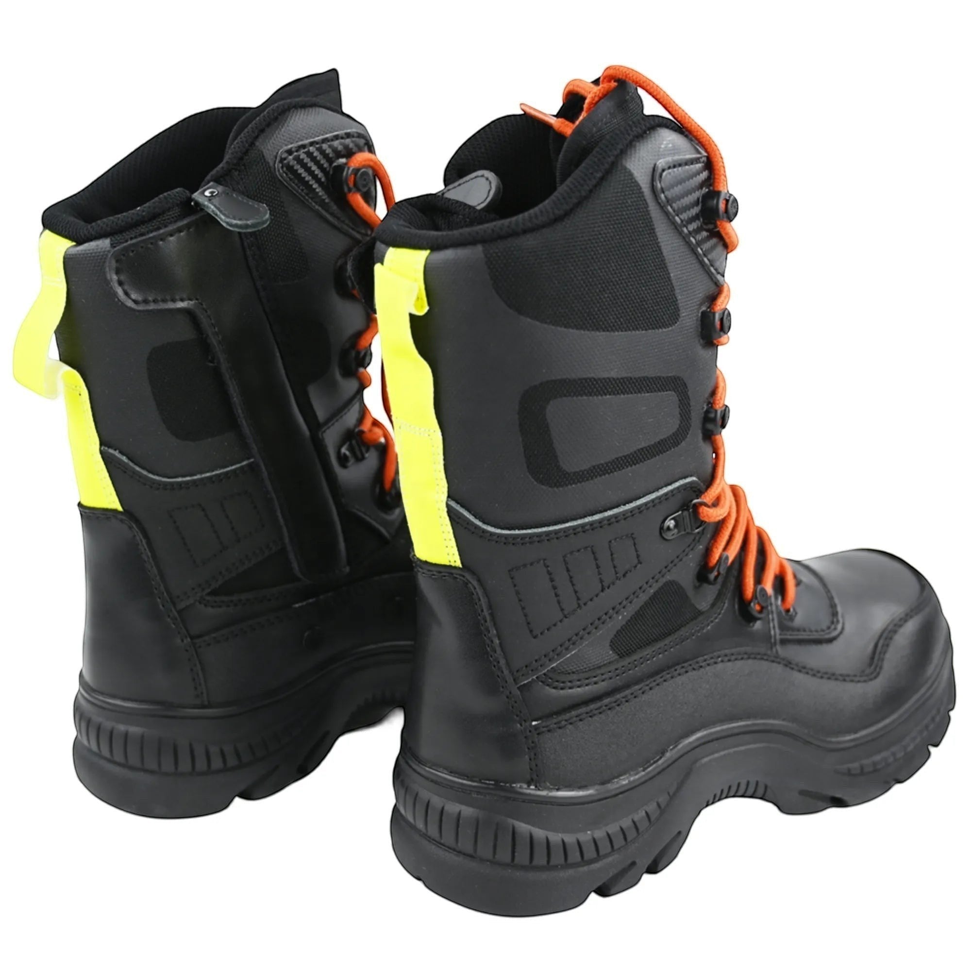 Botas de bombero GERF SAFETY de cuero negro ignífugo con cordones naranjas, puntera reforzada y detalles reflectantes