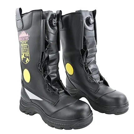 Botas de bombero negras GERF SAFETY de cuero ignífugo con puntera de acero y sistema de cordones automático.