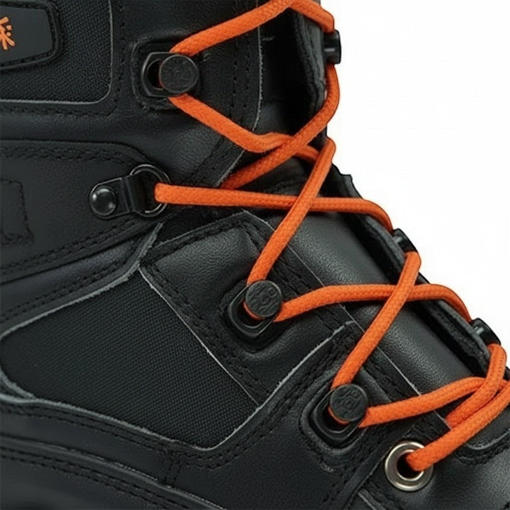 Botas de bombero GERF SAFETY de cuero negro con cordones naranjas ignífugos y detalles reforzados para rescate.