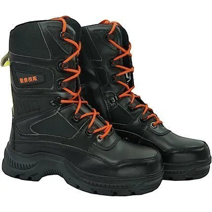 Botas de bombero GERF SAFETY de cuero negro con cordones naranjas, puntera reforzada y diseño ignífugo para rescate.