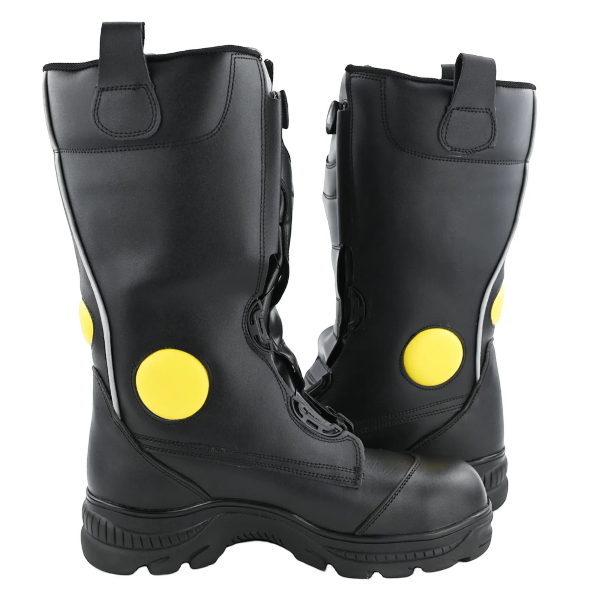 Botas de bombero negras GERF SAFETY de cuero ignífugo con puntera de acero, suela antideslizante y parches amarillos.