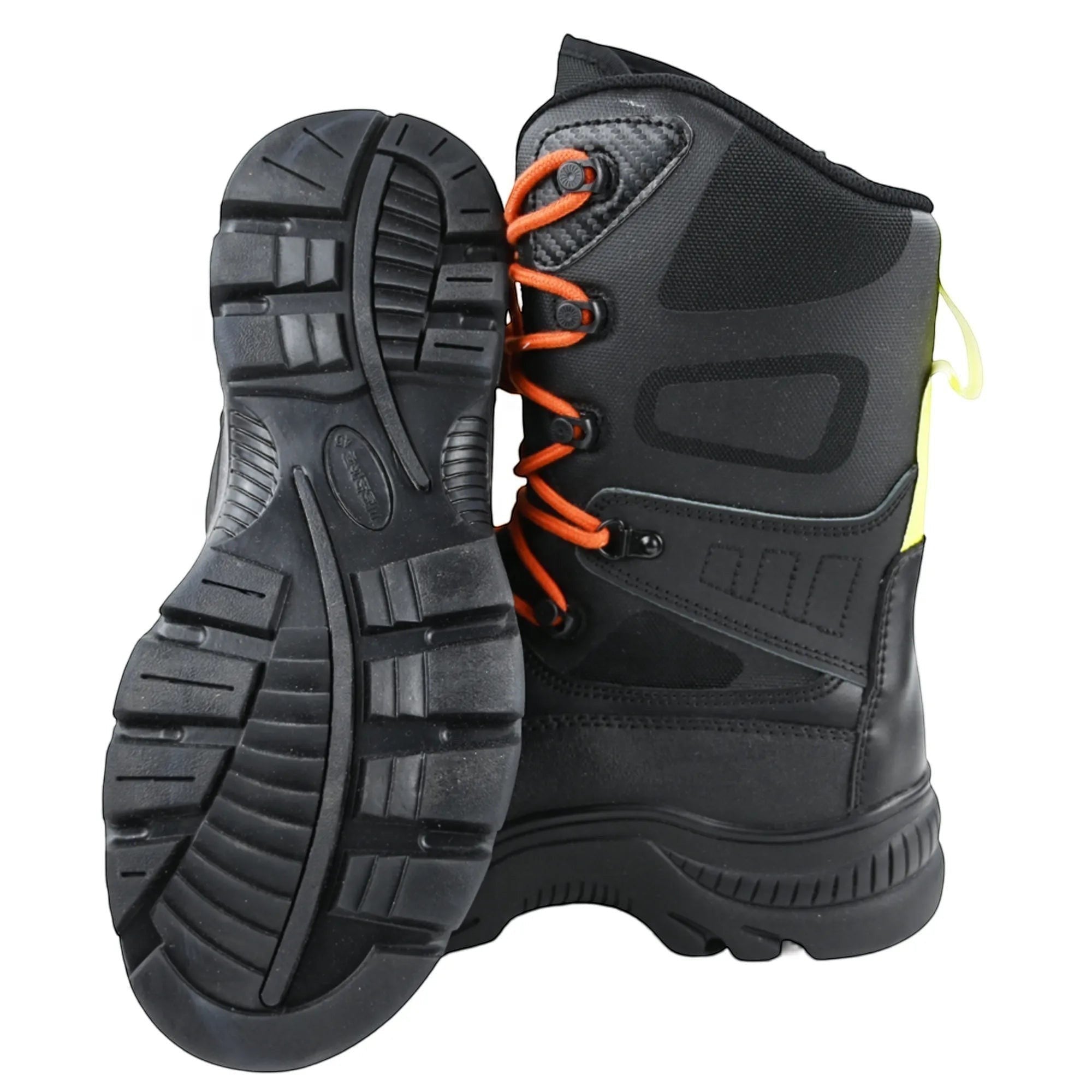 Botas de bombero GERF SAFETY de cuero negro con cordones naranjas, suela antideslizante y puntera de fibra de vidrio.