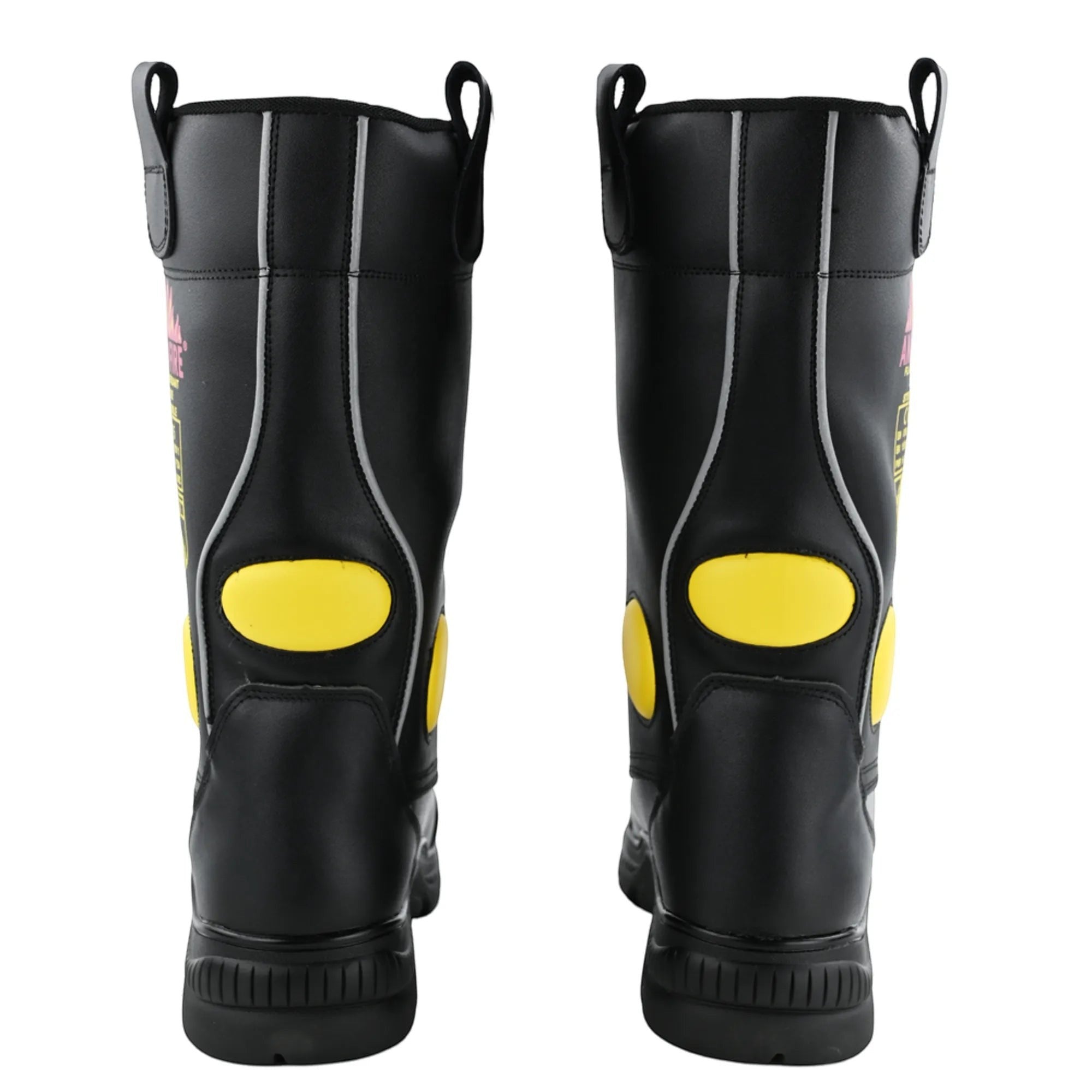 Botas de bombero negras GERF SAFETY de cuero ignífugo con detalles amarillos de alta visibilidad y asas integradas