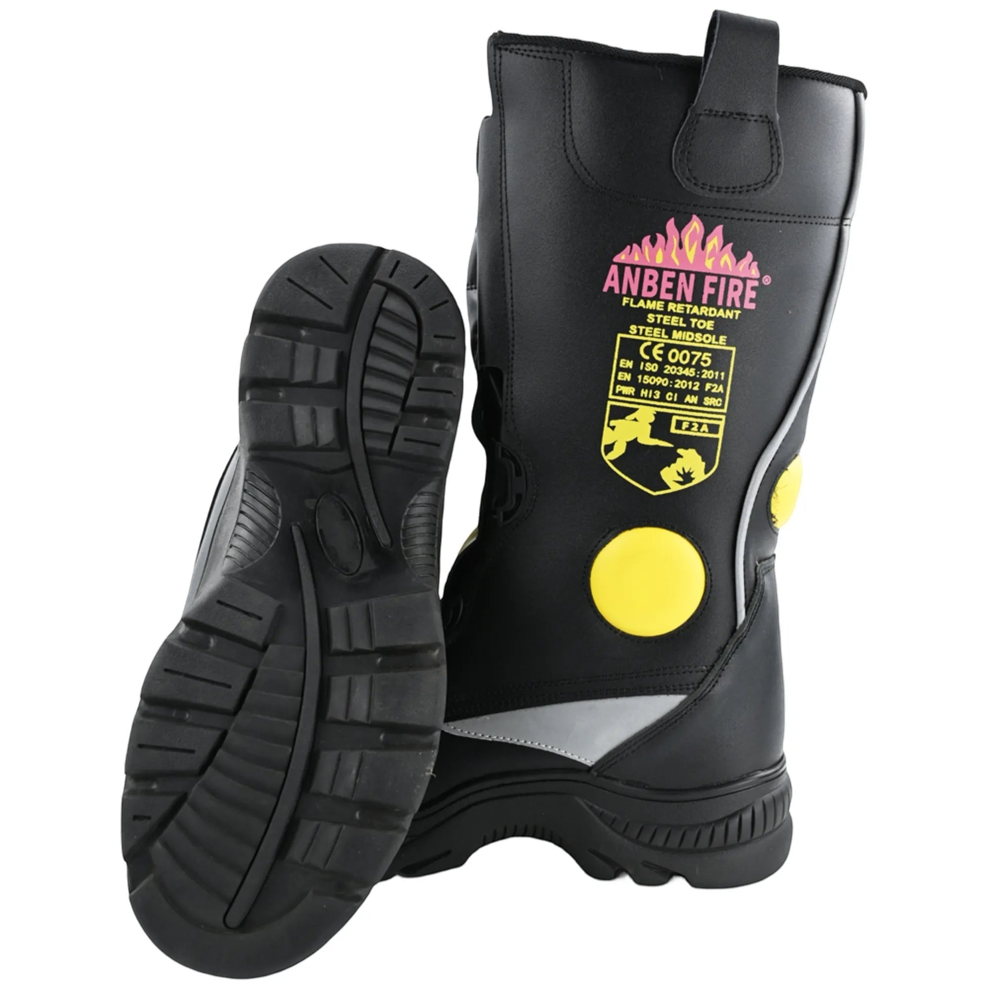 Botas de bombero negras GERF SAFETY de cuero ignífugo con puntera de acero, suela antideslizante y certificación EN15090