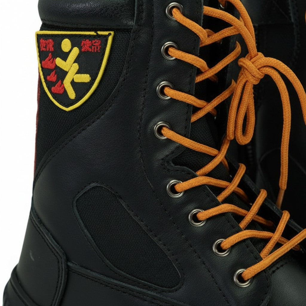 Bota de bombero GERF SAFETY de cuero negro ignífugo con cordones naranjas y parche de seguridad en el lateral
