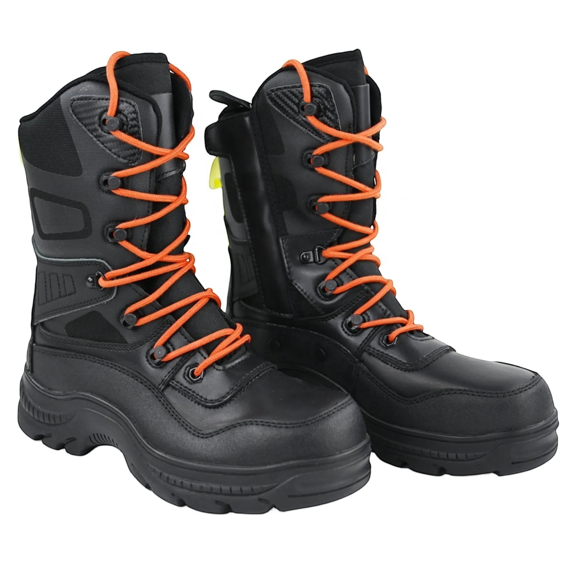 Botas de bombero GERF SAFETY de cuero negro con cordones naranjas, puntera reforzada y diseño ignífugo para rescate.