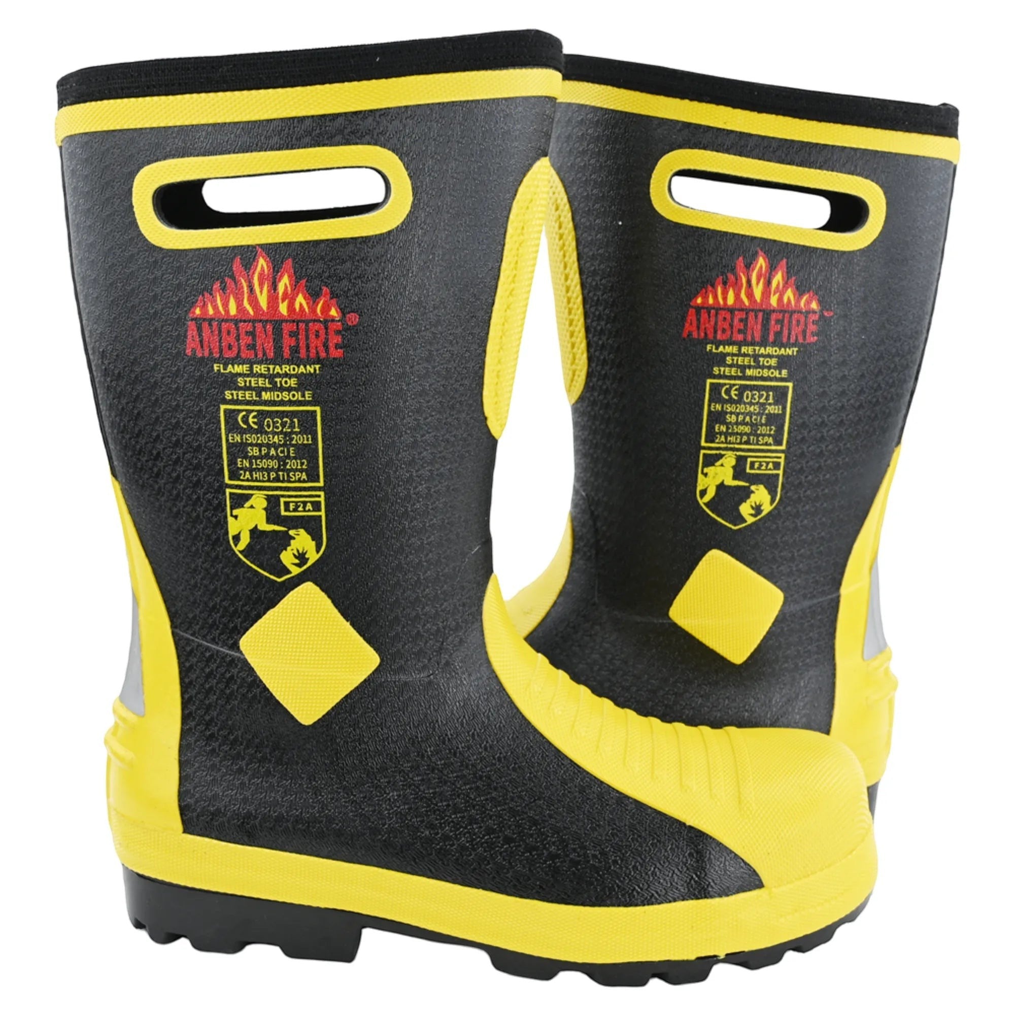 Botas de bombero GERF SAFETY negras y amarillas con punta de acero, certificación EN15090 y asas integradas.