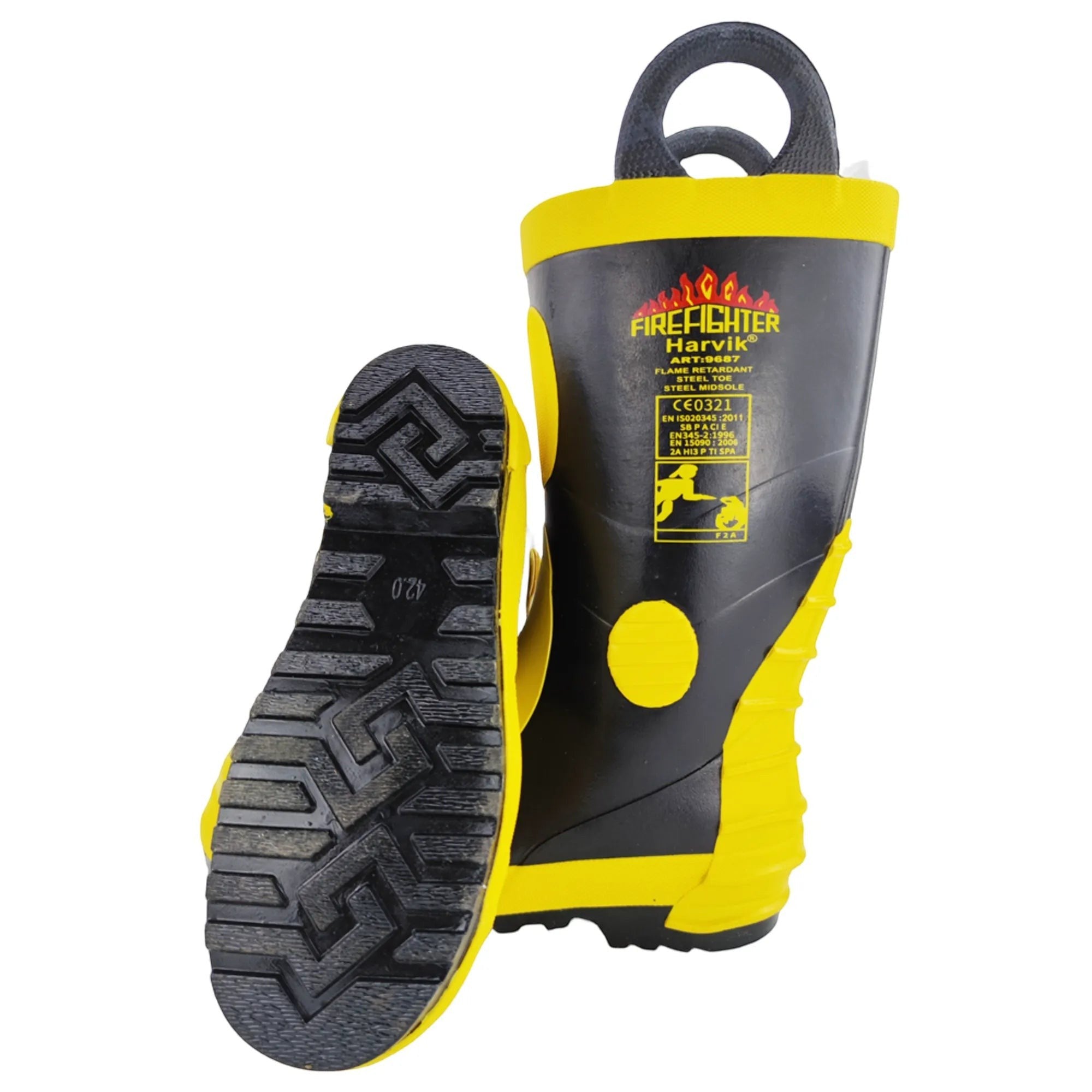 Botas de bombero GERF SAFETY de goma negra y amarilla con suela antideslizante, puntera de acero y certificación EN15090