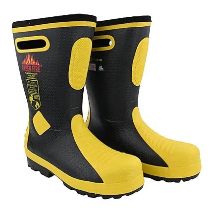 Botas de bombero GERF SAFETY negras y amarillas con punta de acero, suela antideslizante y asas integradas.