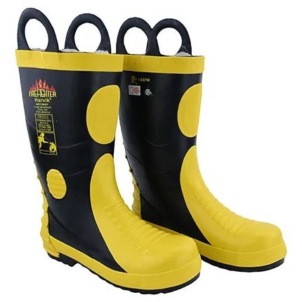 Botas de bombero GERF SAFETY negras y amarillas de goma con puntera de acero, resistentes al fuego y alta visibilidad.