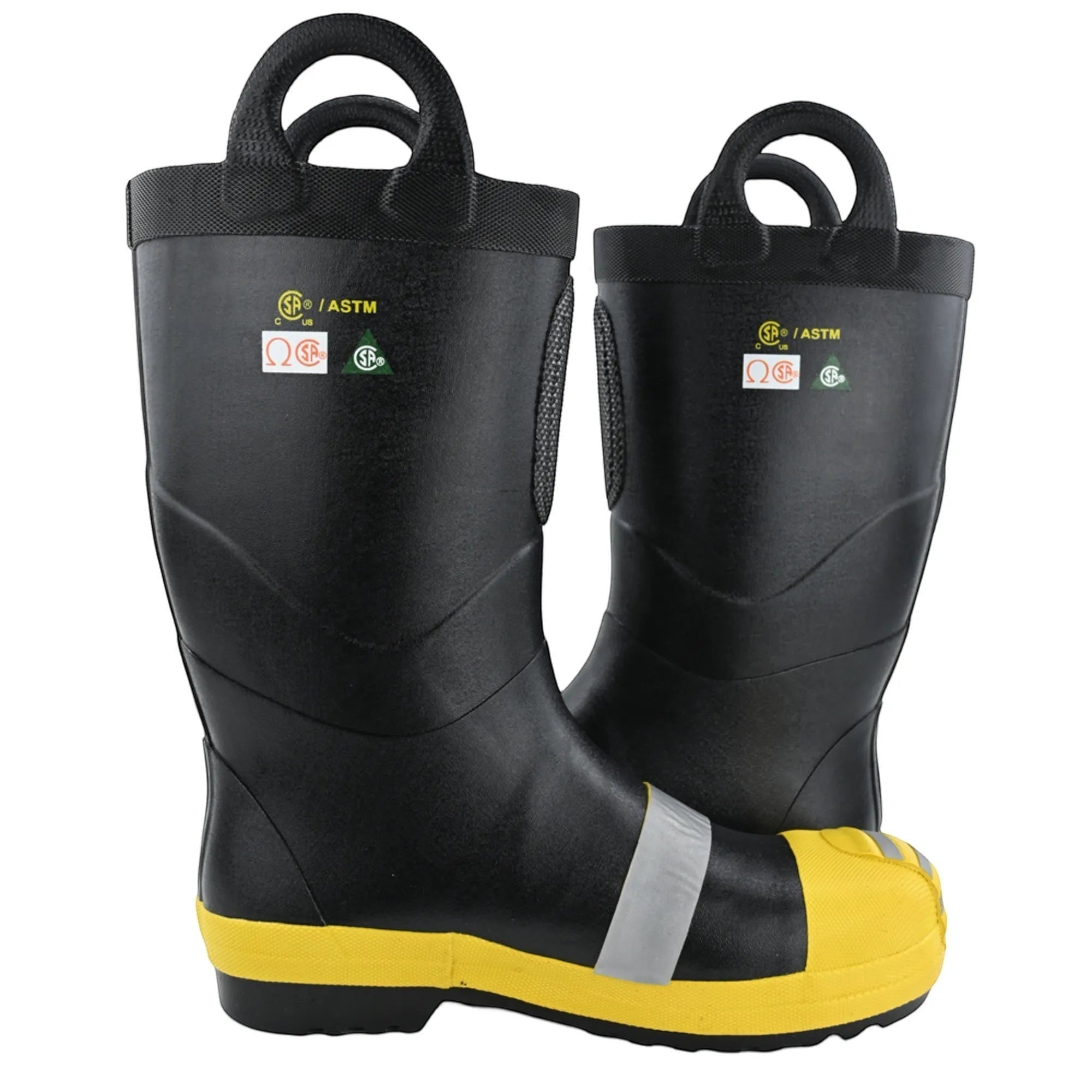 Botas de bombero negras y amarillas GERF SAFETY con punta de acero, suela resistente y cinta reflectante de seguridad.