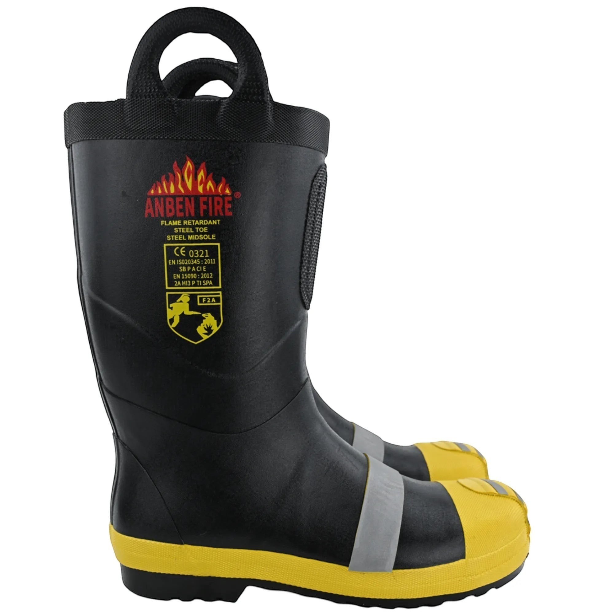 Botas de bombero GERF SAFETY negras con puntera de acero, suela resistente y franjas reflectantes certificadas EN15090.