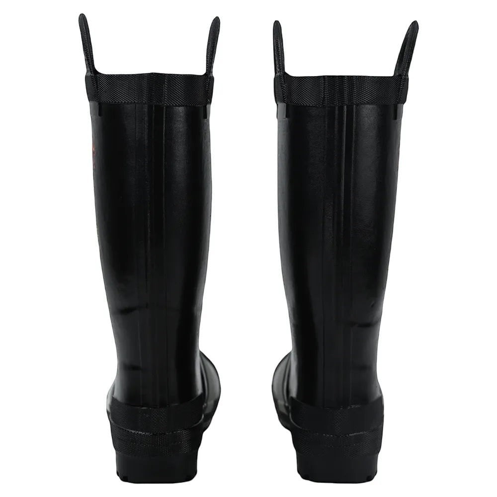 Botas de bombero negras GERF SAFETY con asas integradas, diseño resistente de goma y suela antideslizante.