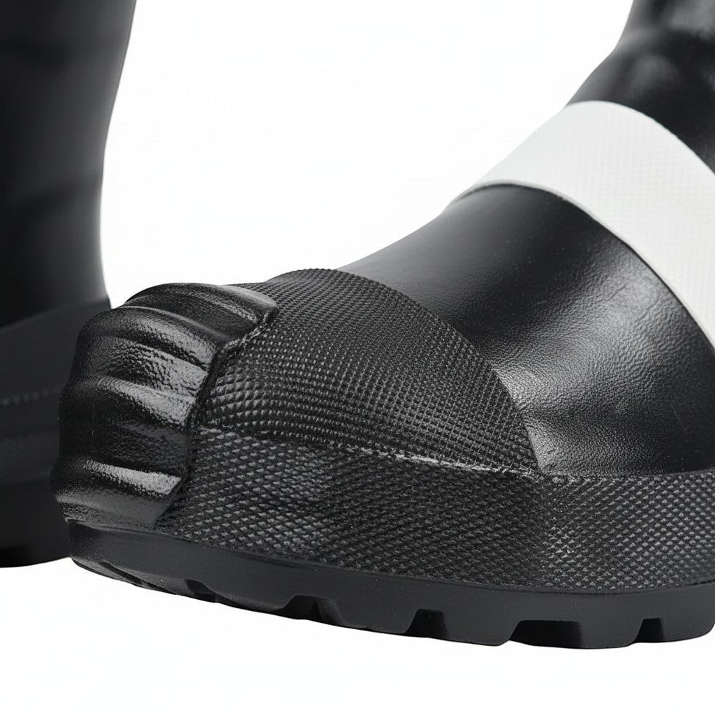 Botas de bombero GERF SAFETY negras de goma con puntera reforzada, suela antideslizante y franja reflectante.