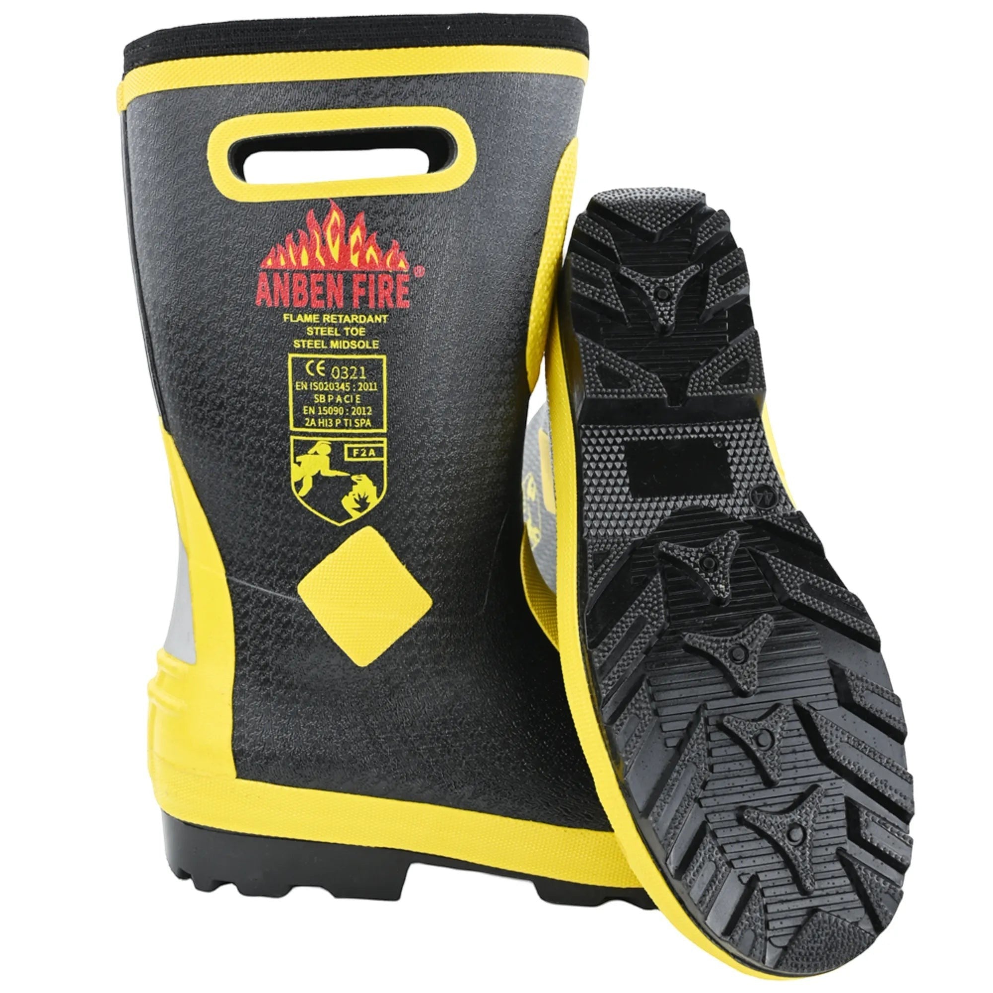 Botas de bombero GERF SAFETY negras y amarillas de goma ignífuga con punta de acero, suela antideslizante y certificación EN15090