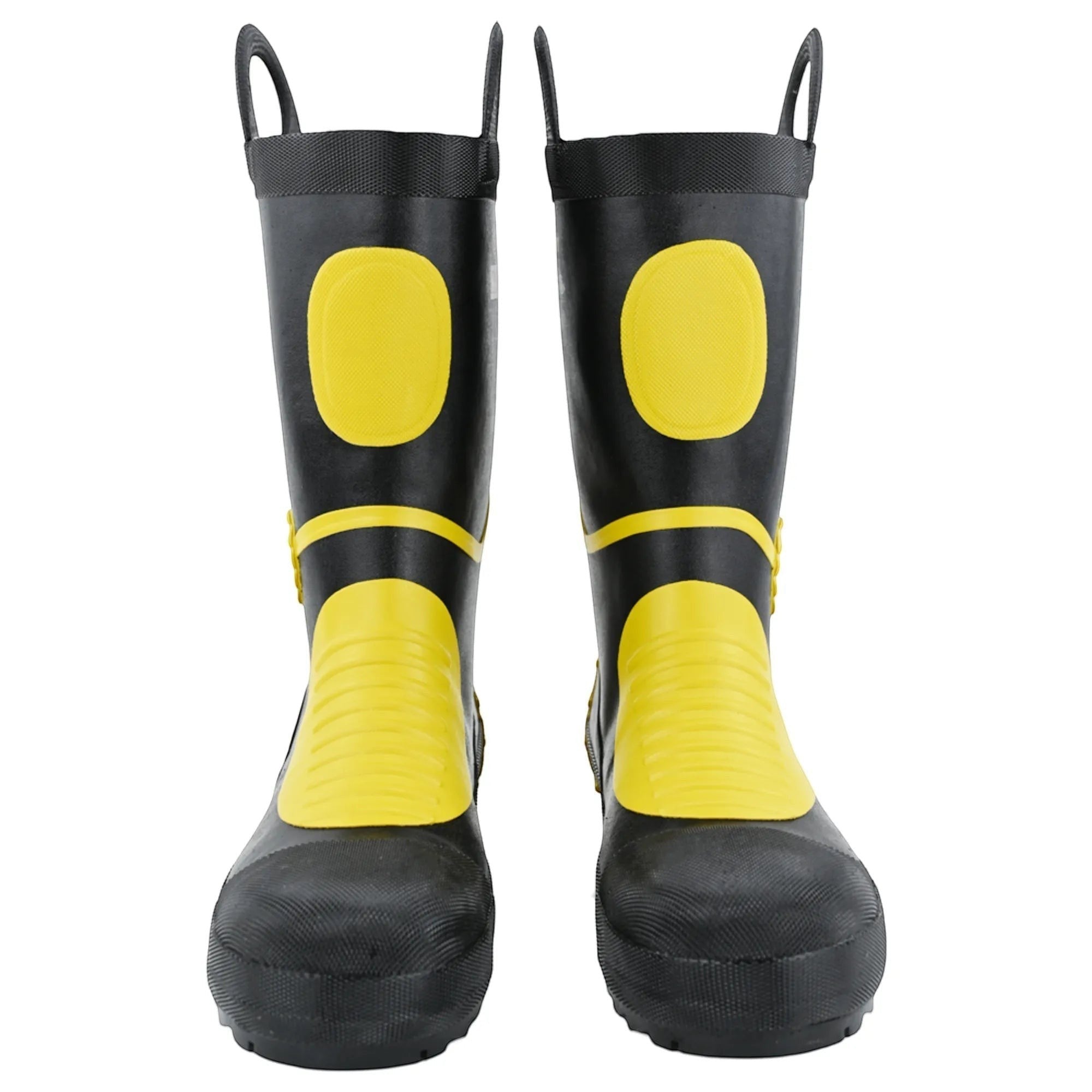 Botas de bombero GERF SAFETY negras y amarillas de goma con puntera de acero y asas integradas para protección profesional
