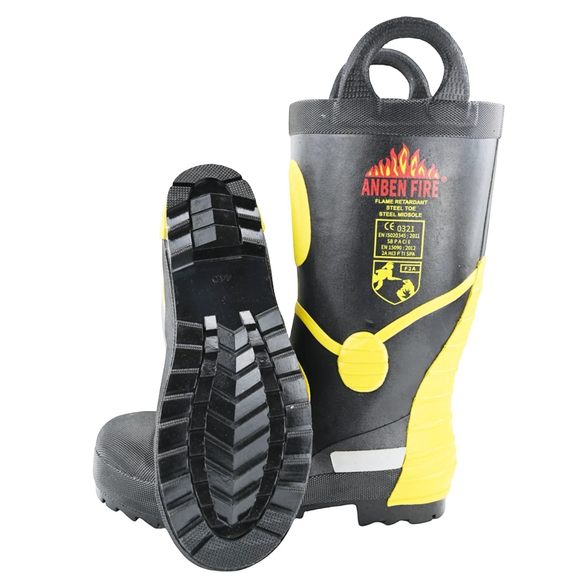 Botas de bombero GERF SAFETY negras y amarillas con suela antideslizante, puntera de acero y certificación EN15090.