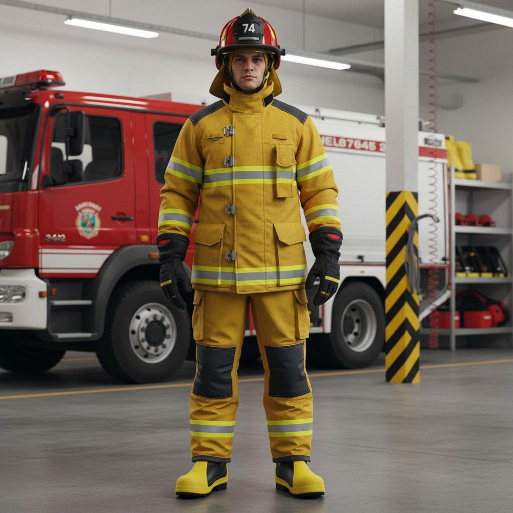 Bombero con equipo de protección completo GERF SAFETY, incluyendo botas de goma certificadas EN15090 en parque de bomberos