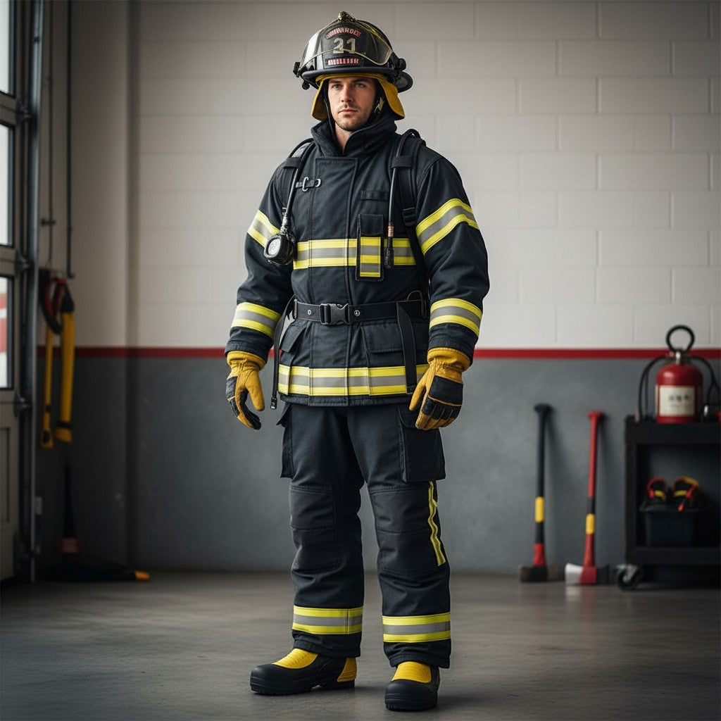 Bombero con equipo de protección completo y botas de goma negras con detalles amarillos de la marca GERF SAFETY