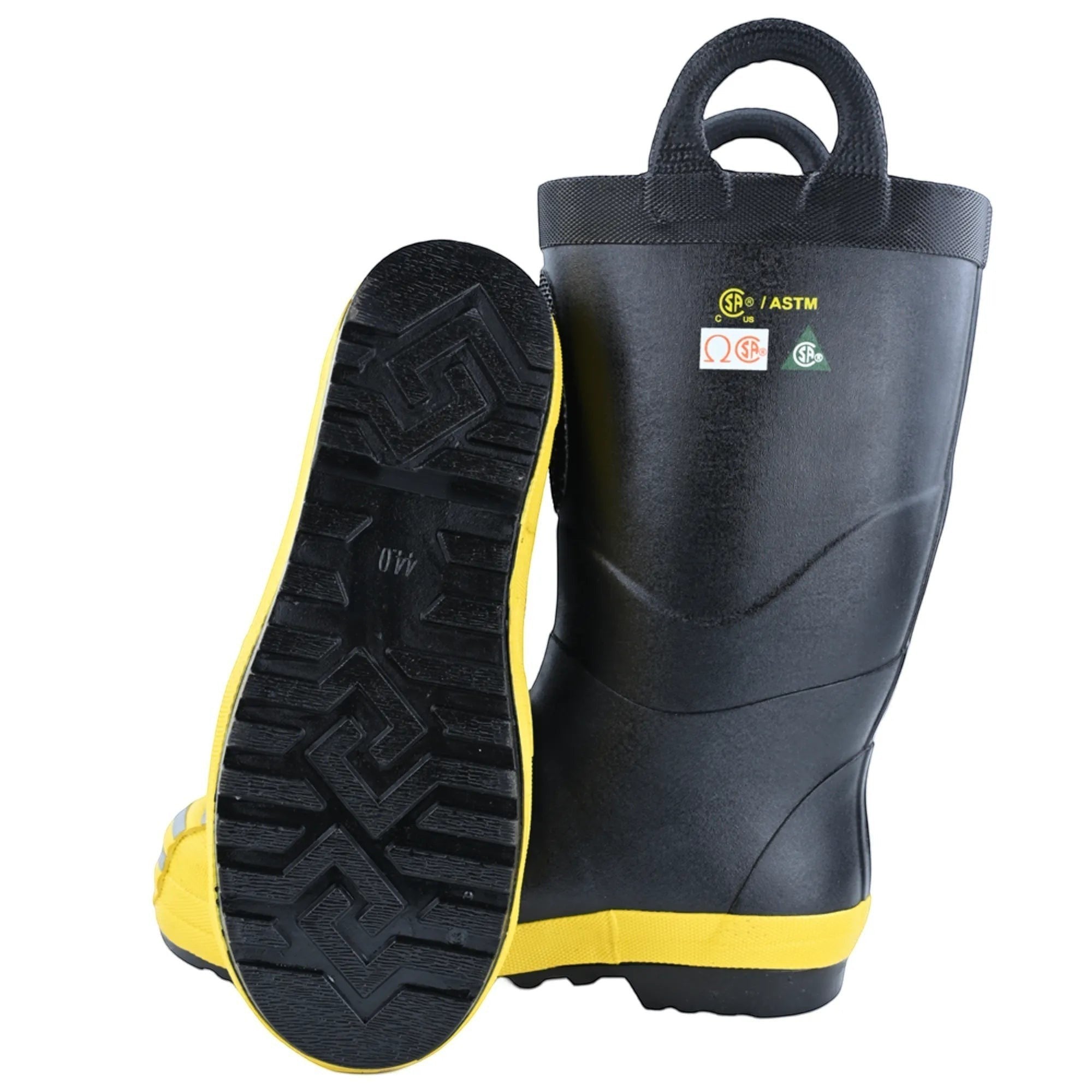Botas de bombero GERF SAFETY negras y amarillas con suela antideslizante, puntera de acero y asas integradas.