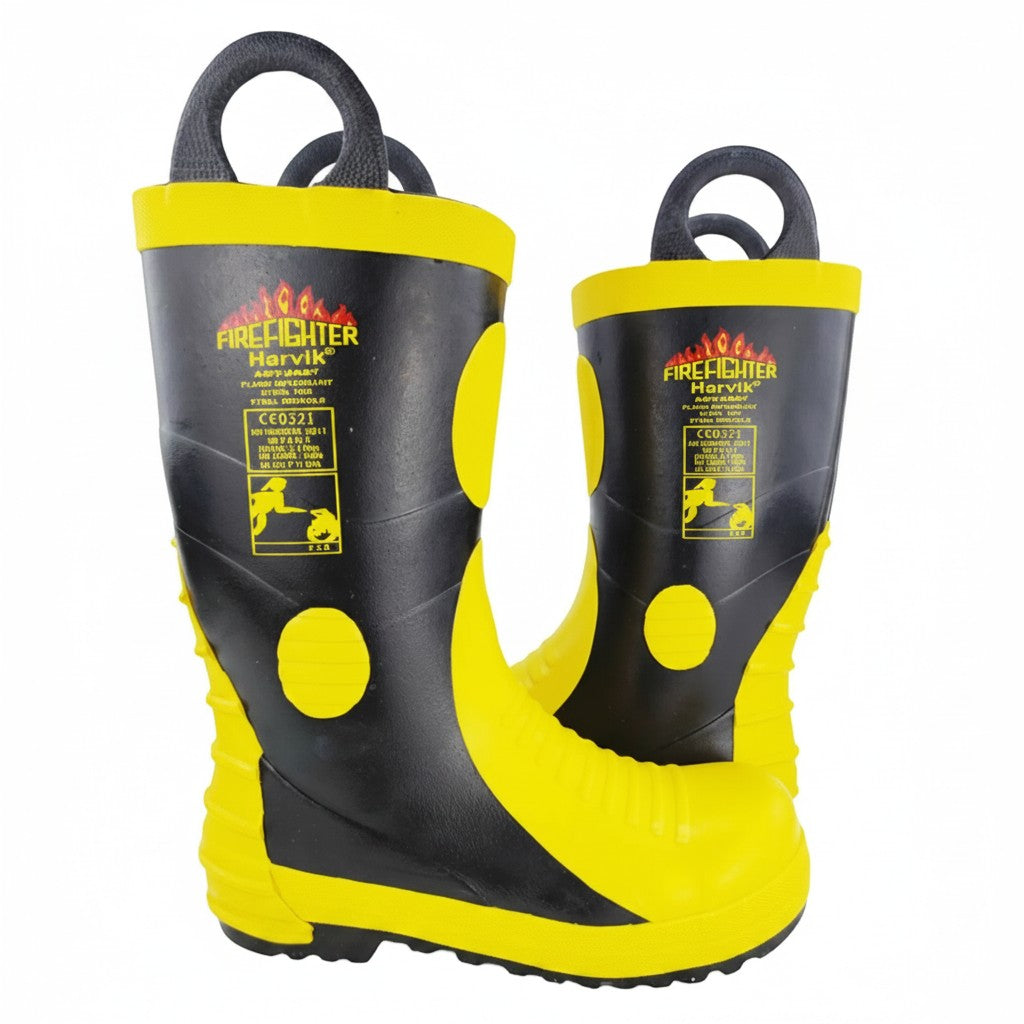 Botas de bombero GERF SAFETY negras y amarillas con punta y suela de acero, certificadas EN15090 para alta protección.