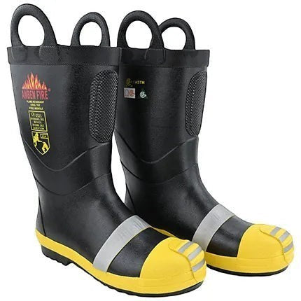 Botas de bombero GERF SAFETY negras y amarillas con punta de acero, suela antideslizante y bandas reflectantes.