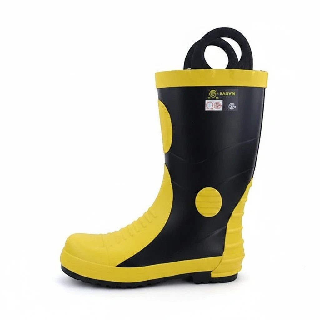 Botas de bombero GERF SAFETY de goma negra y amarilla con puntera de acero y asas de agarre para emergencias.