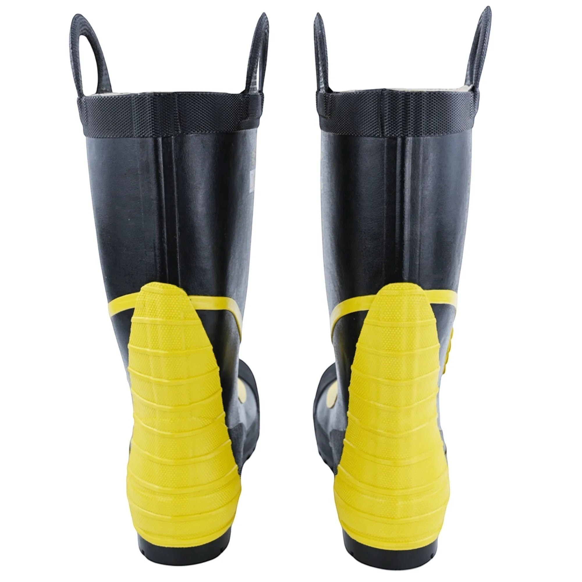 Botas de bombero GERF SAFETY negras con detalles amarillos, puntera de acero y asas integradas para rescate.