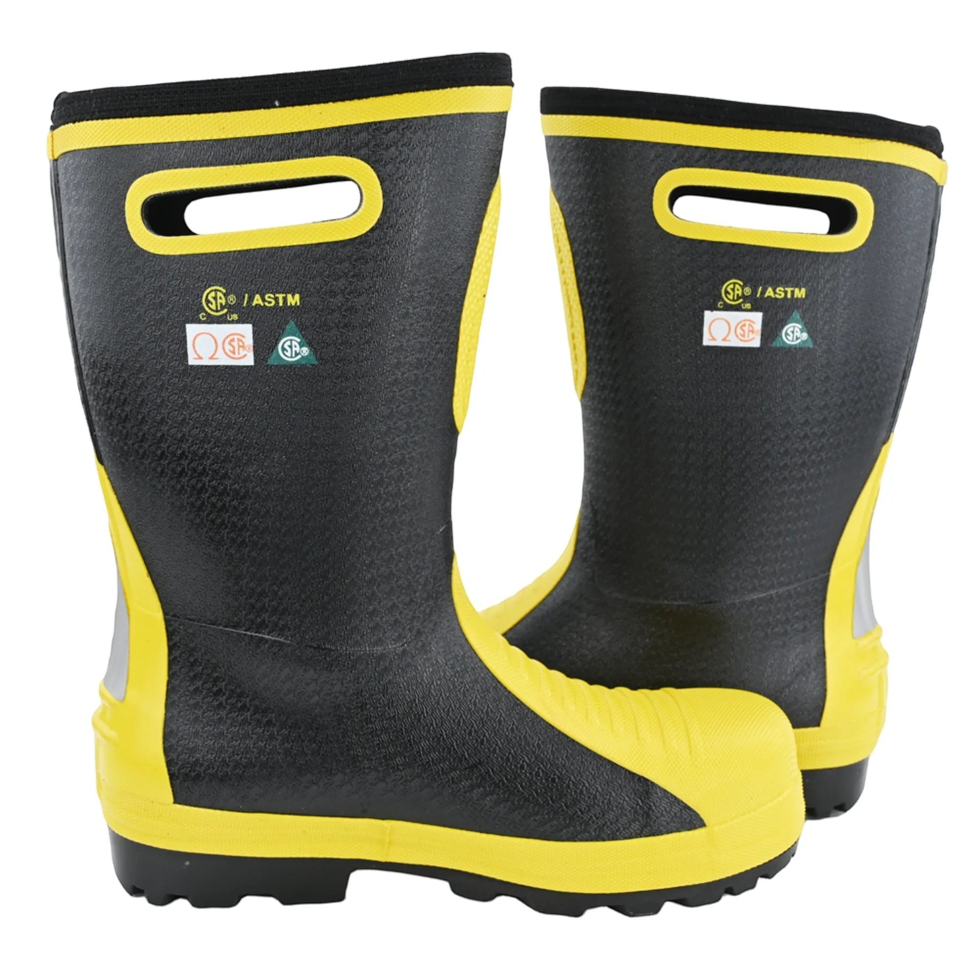 Botas de bombero GERF SAFETY negras y amarillas de goma con puntera de acero, asas integradas y suela antideslizante.