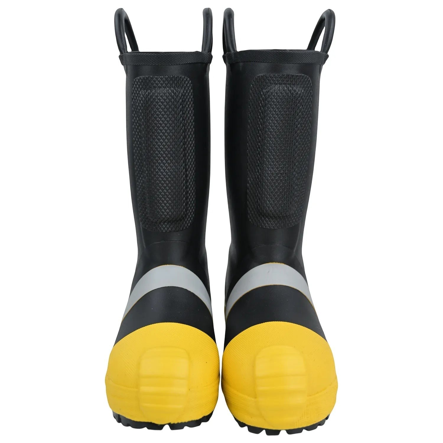 Botas de bombero GERF SAFETY de goma negra y amarilla con puntera reforzada, certificación NFPA1971 y tiradores superiores.