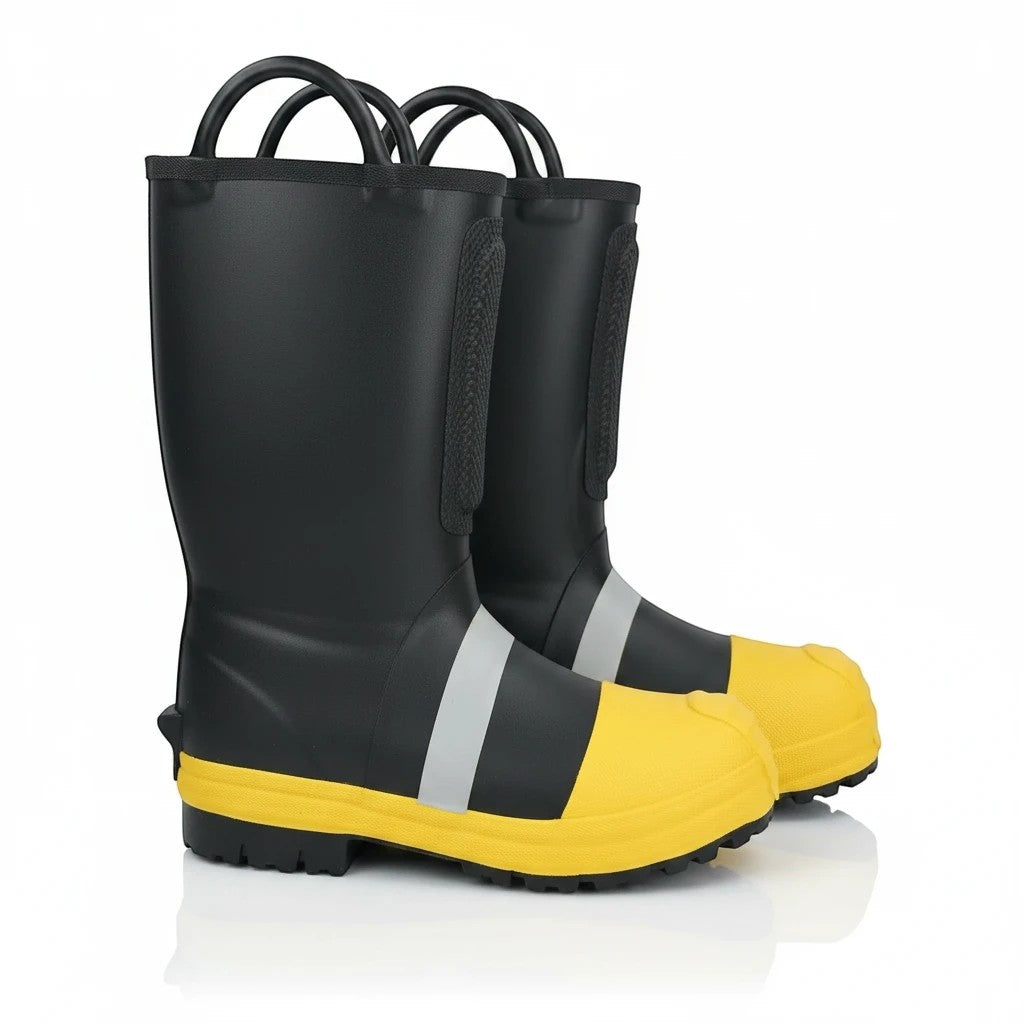 Botas de bombero GERF SAFETY de goma negra y amarilla con puntera reforzada, bandas reflectantes y asas de transporte.