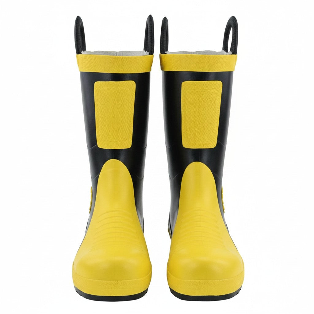 Botas de bombero GERF SAFETY de goma negra y amarilla con puntera de acero y asas para facilitar su colocación