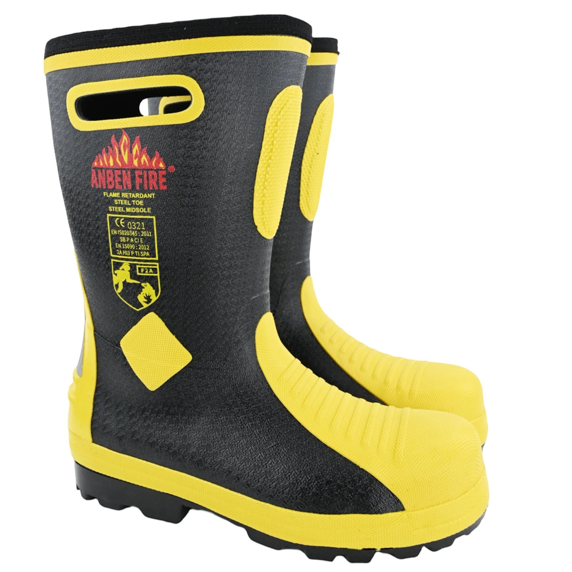 Botas de bombero GERF SAFETY negras y amarillas con puntera de acero, certificación EN15090 y asas integradas.