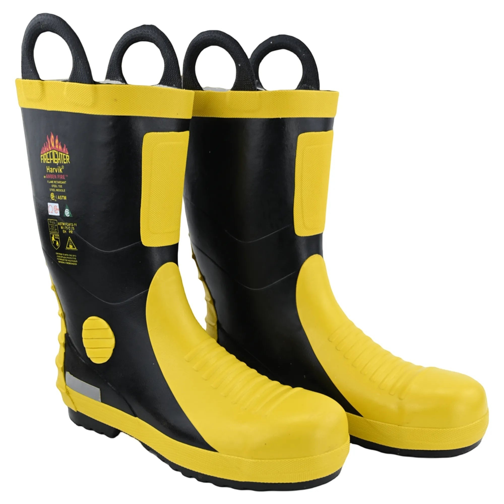 Botas de bombero GERF SAFETY de goma negra y amarilla con puntera de acero, suela antideslizante y tiras reflectantes.