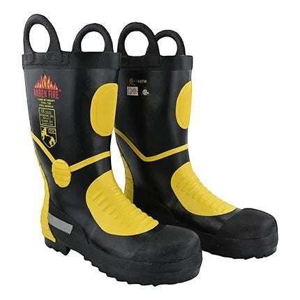 Botas de bombero GERF SAFETY negras y amarillas con puntera de acero, suela antideslizante y cinta reflectante.