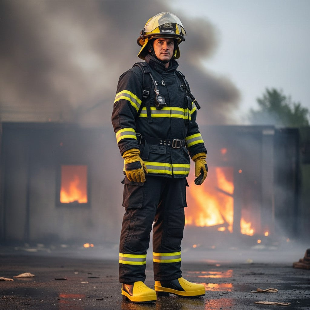 Bombero con equipo de protección GERF SAFETY y botas de goma amarillas resistentes en una escena de incendio.