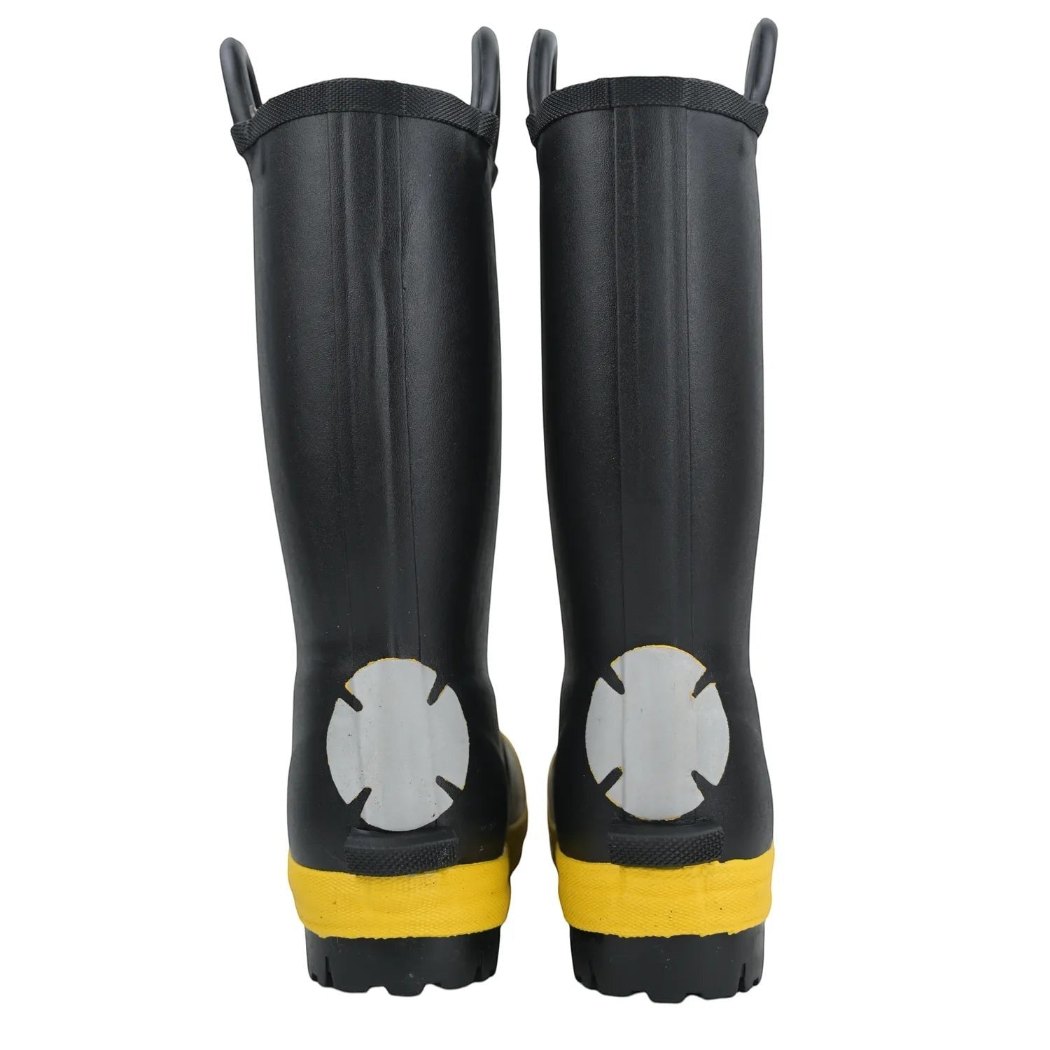 Botas de bombero GERF SAFETY negras con detalles amarillos, puntera reforzada y bandas reflectantes traseras.