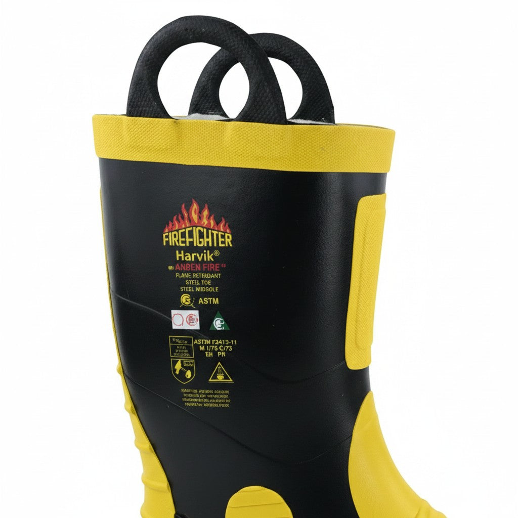 Botas de bombero GERF SAFETY de goma negra y amarilla con puntera de acero y asas de agarre para emergencias