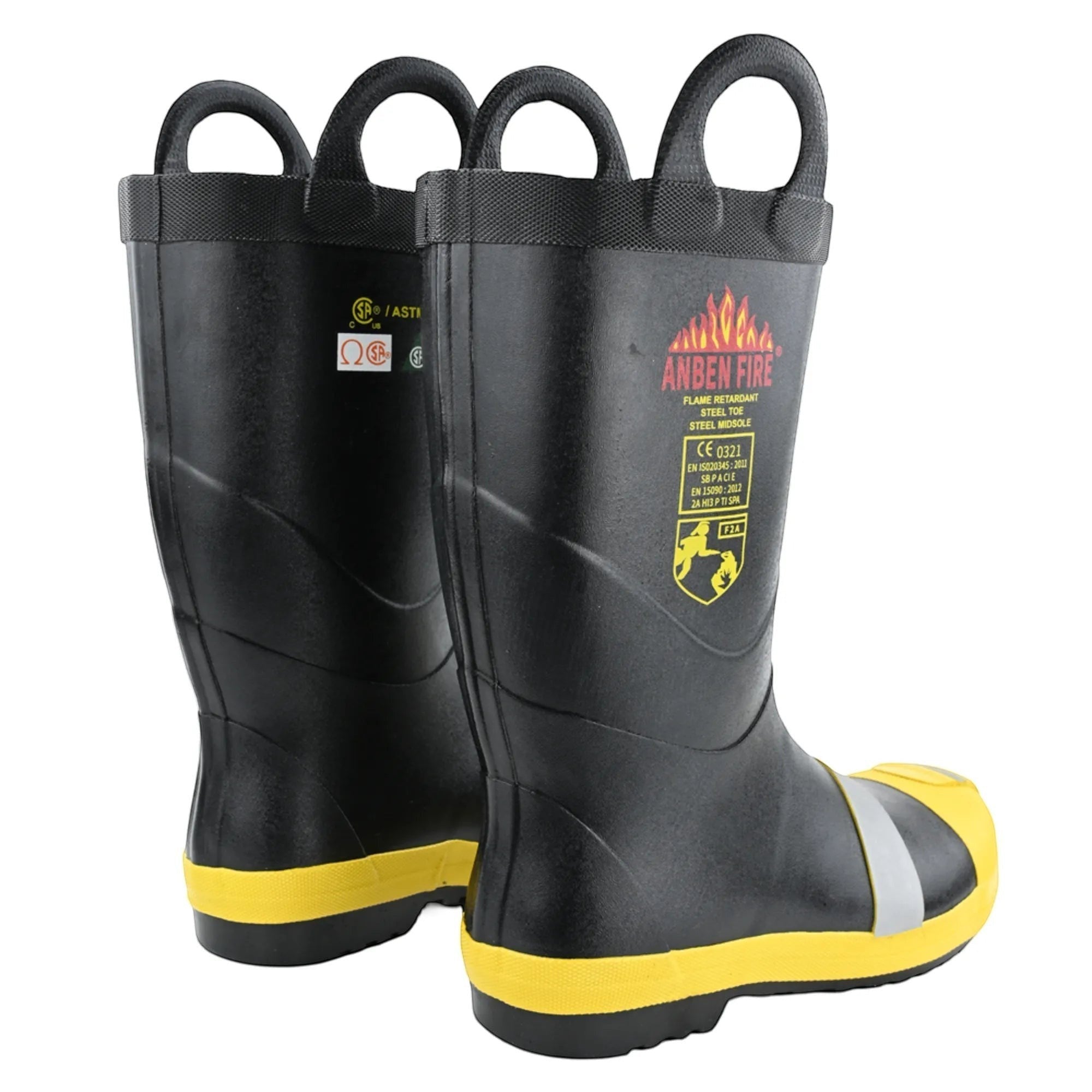 Botas de bombero negras GERF SAFETY con puntera de acero, suela amarilla antideslizante y franjas reflectantes.