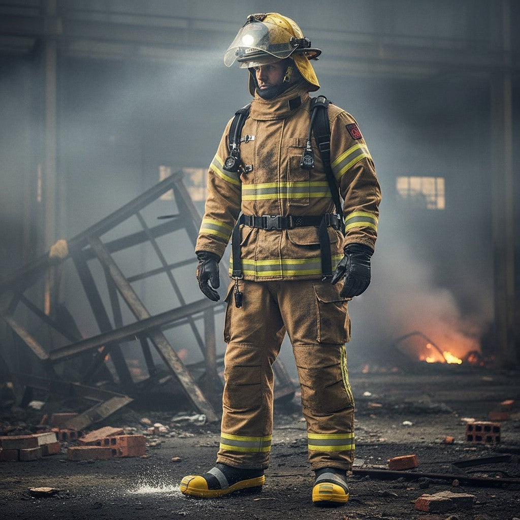 Bombero con equipo de protección GERF SAFETY y botas de goma negras con puntera amarilla en un entorno de incendio.